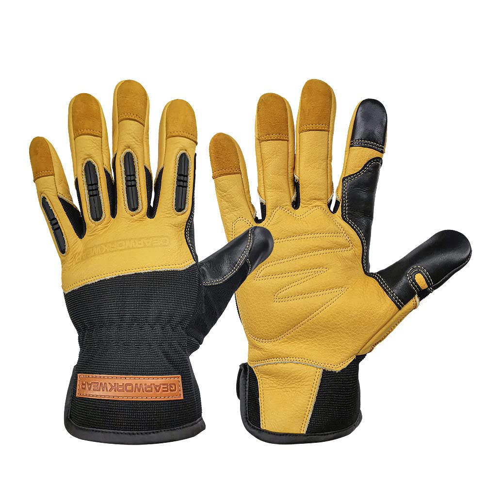 QEARSAFETY 1 pair Cowhide Work Safety Gloves, Gardening, Thorn Resistance, Mechanic Work, Palm Padded, Knuckle TPR Anti-Impact Protect, Screen Touch Fingers, Multi-Purpose (XXL)
