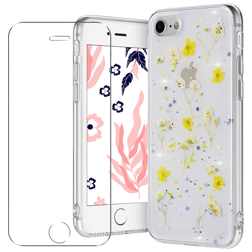 MadBee Compatible iPhone 7 Case, iPhone 8 Case 4.7 Inch [With Tempered Glass Screen Protector], Bling Shiny Dried Flowers Clear Sparkle Glitter Soft TPU Silicone Gel Case Cover - Yellow