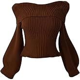 Milumia Women's Y2k Off The Shoulder Cropped Sweater Foldover Long Puff Sleeve Ribbed Knit Tops