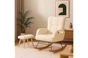 COMHOMA Nursery Rocking Chair with Ottoman,Teddy Glider Rocking Chair,Accent Chair with High Backrest Reading Chair for Adult,Nursery,Bedroom,Living Room,Offices(Beige with Ottoman)