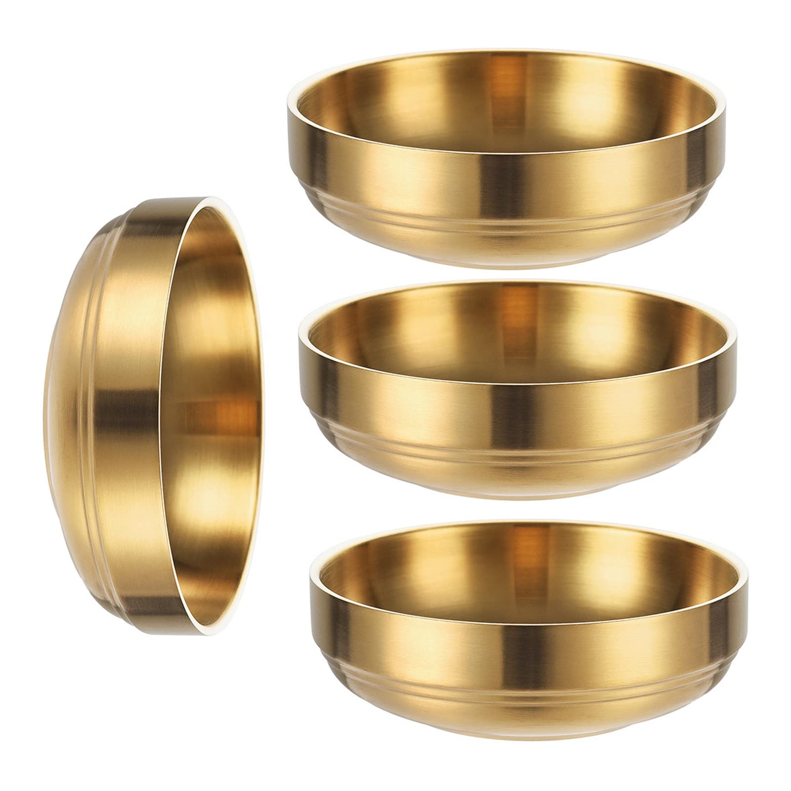 Sicheii 4 Pack Gold Stainless Steel Soy Sauce Dish, Double Deck Dipping Pinch Bowls, Small Condiment Seasoning Dip Bowls, Mini Metal Ramekins Cups for French Fries Spice Sushi Serving, 6 oz