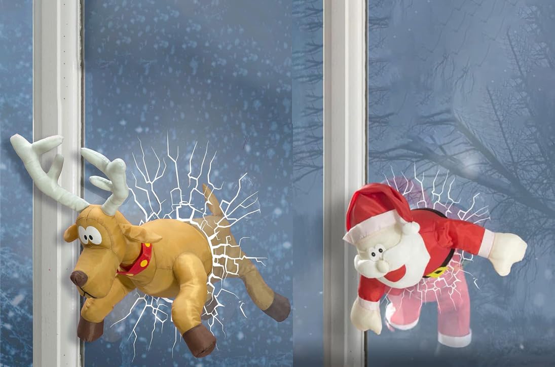 Crashing Santa & Rentier Fensterdekoration - Animierte Weihnachtsdekoration Mit Glasbruch-Effekt