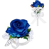 Vkkperp 2Pcs Blue Rose Corsage and Boutonniere Set, Corsage Wristlet Band for Prom Suit Decorations, Artificial Boutonniere for Men Wedding Party Flower Accessories