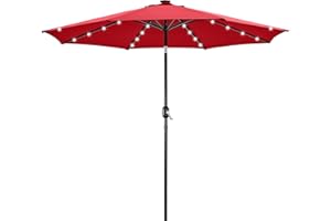Yaheetech 10FT Solar Powered Patio Umbrella - UV Protection Market Table Umbrella w/ 32 LED Lights & Push Button Tilt & Crank Lift System for Garden/Lawn/Deck/Backyard/Pool,Red