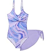 Summer Mae Girls Swimsuit One Piece Bathing Suit with Cover Up Skirt Twist Front Swimwear 9-16Y
