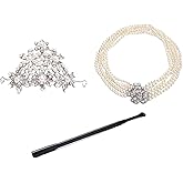 Hudiefly 3 Piece Costume Jewelry and Accessory set of Holly Golightly Tiara, 5 strand Necklace, Long Black Custom Holder Inspired by Audrey Hepburn Costume