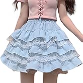 RILGOU Harajuku Lolita Kawaii Gothic Casual Style A-Line Elastic High Waist Cute Lace Trim Ruffle Tiered Short Skirt
