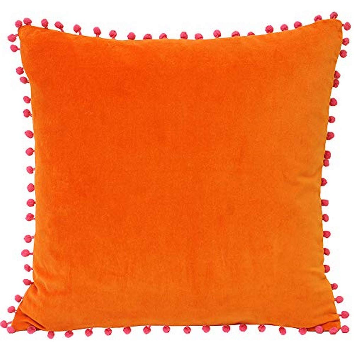 Riva Paoletti Feather Filled Cushion Faux Velvet Fabric-Contrasting Fuchsia Pink Pompom Edges-Hidden Zip Closure-100% Soft (18" x 18" inches), Cotton, Orange, 45 x 45cm