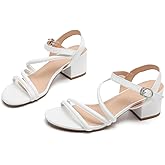 kkdom Women's Strappy Glitter Rhinestone Low Chunky Block Heel Sandals Open Toe Sparkle Bling Dress Shoes