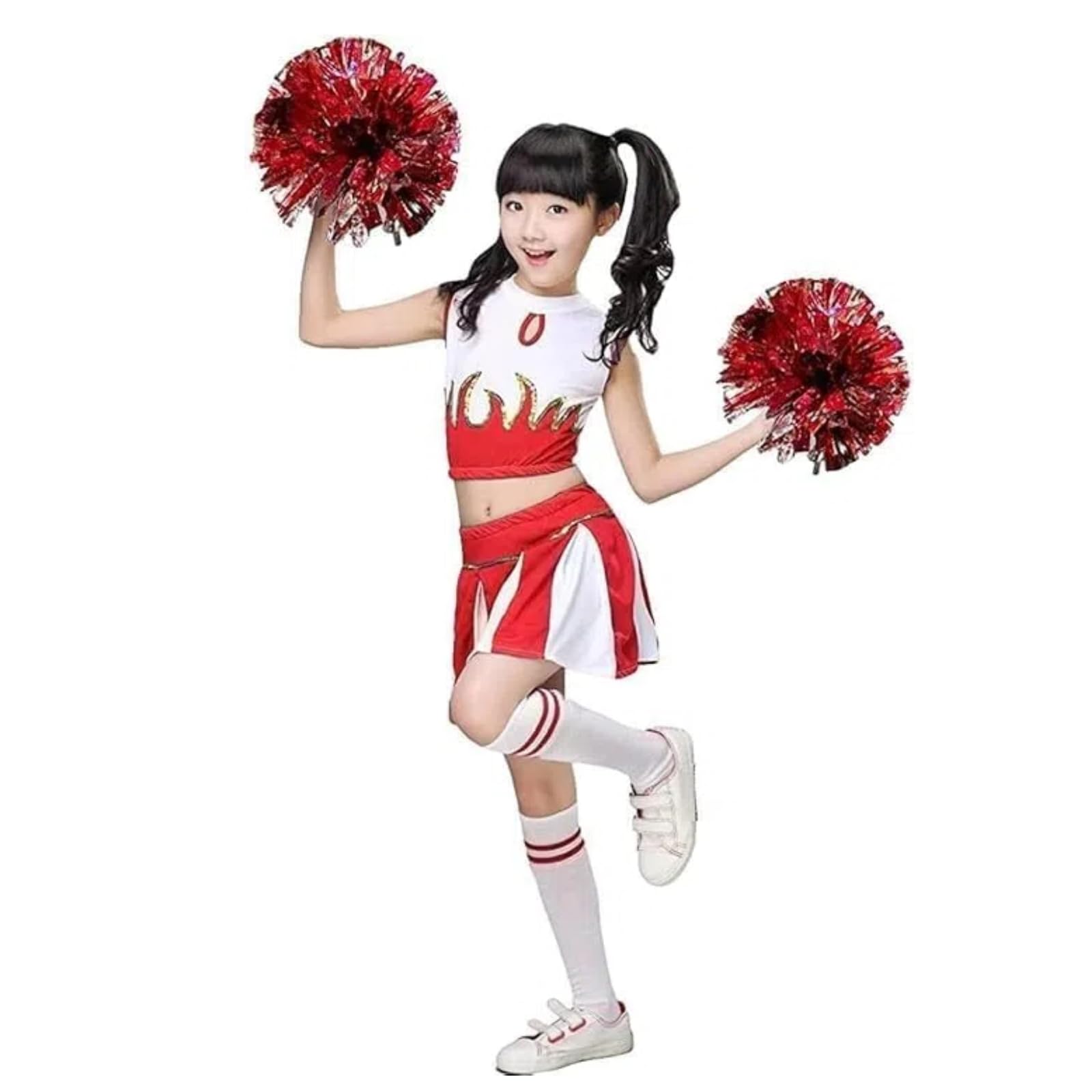 LOLANTA Girls Cheerleader Costume Cheerleading Children Dress Outfit Uniform with PomPoms(Red, 5-6 years, Tag Size 120) — image 1