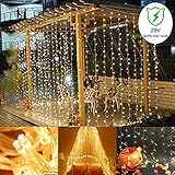 Ucharge Curtain Icicle Lights, 300 LED,9.8ft x 9.8ft, 8 Modes Fairy String Lights, for Wedding Christmas Holiday Party Home Decoration, UL Listed(Warm White)