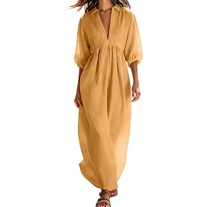 Beessbest Women Cotton Linen Maxi Dresses Casual 3/4 Sleeve Dress V Neck Loose Fit Long Dress Summer Collared Flowy Sundress