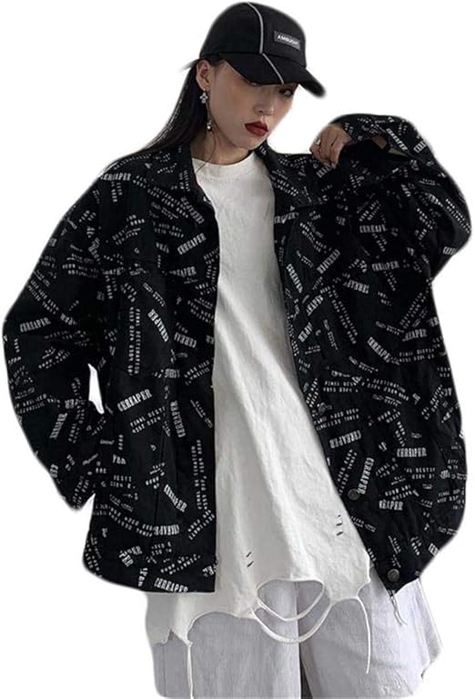 Amazon ショッフェ デニムジャケット レディース ゆったり Bf風 ジャケット 薄手 ブルゾン 原宿系 ストリート系 ブルゾン 長袖 オーバーコート カジュアル プリント ファッション ヒップホップ コート ジャケット 通販