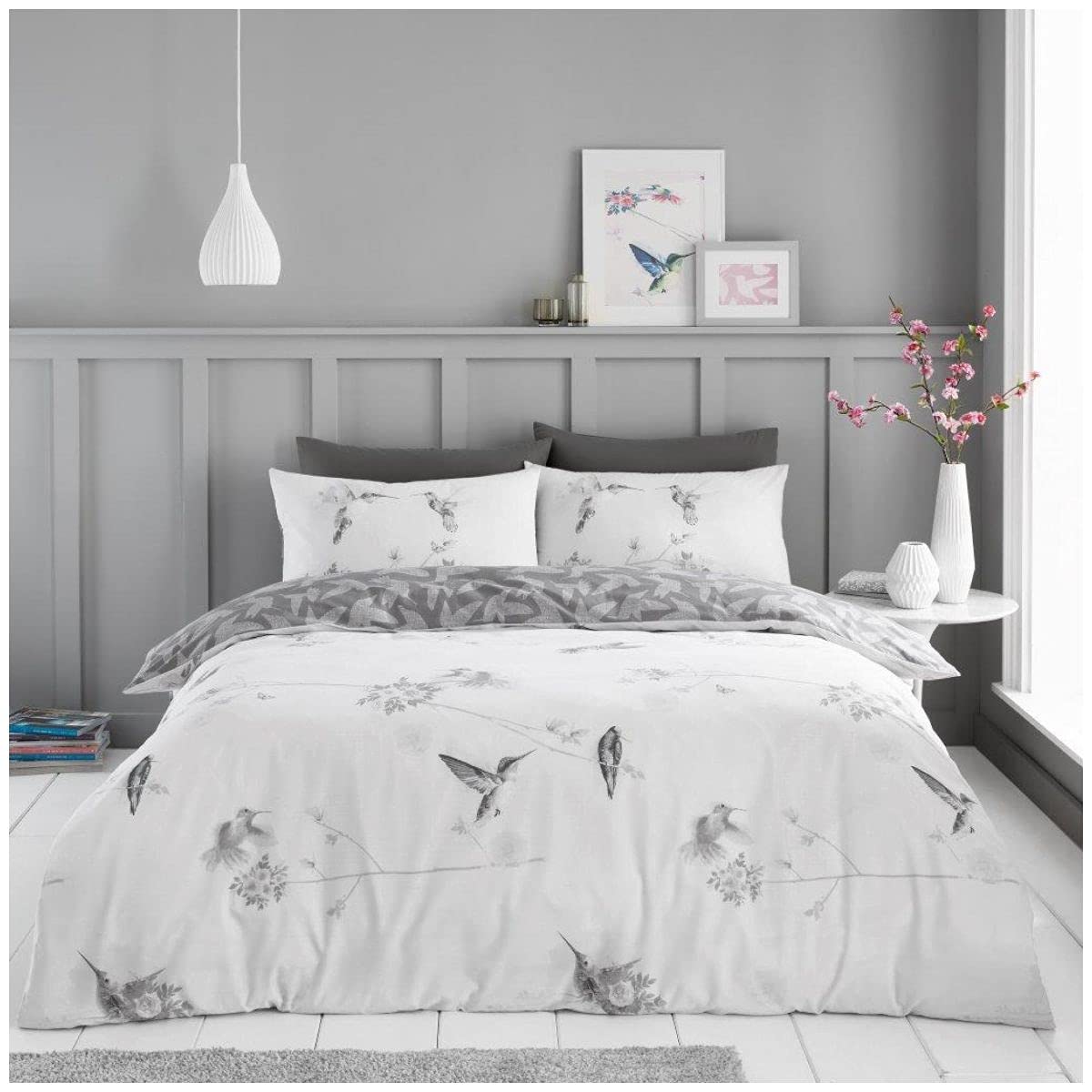 GC GAVENO CAVAILIA Luxury Humming Bird Print Duvet Set, Reversible Botanical Bedding Quilt Cover, Cotton, Grey, King