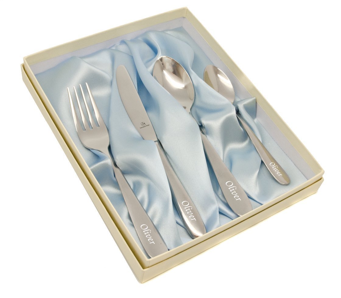 Personalised 4 Piece Children's Cutlery Set with Blue Gift Box