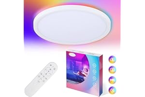 VocgoUU RGB Ceiling Light with Remote Flush Mount, 12 Inch Remote Control Ceiling Light Dimmable for Bedroom, Party, Game Room, Kid Ceiling Light RGB, Round Flat Panel White 24W