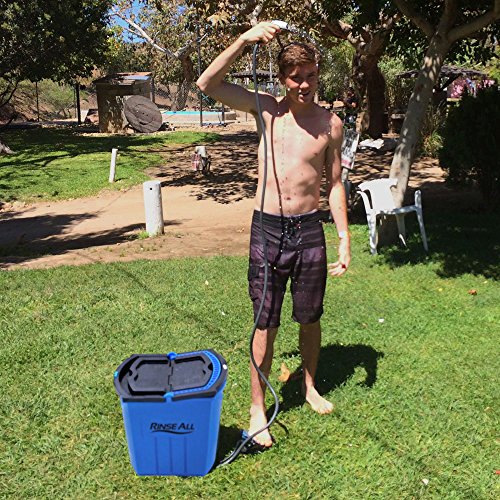 Rinse All EW10 –12V Powered Car Washer Kit - 7 Gallons Portable High Pressure Camping Shower - Car or Pet Washer with easy Twist On Off Flow Shower Head-12.5 ft Hose and Accessories