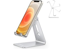 Adjustable Cell Phone Stand, OMOTON Aluminum Desktop Cellphone Stand with Anti-Slip Base and Convenient Charging Port, Fits All Smart Phones, Silver