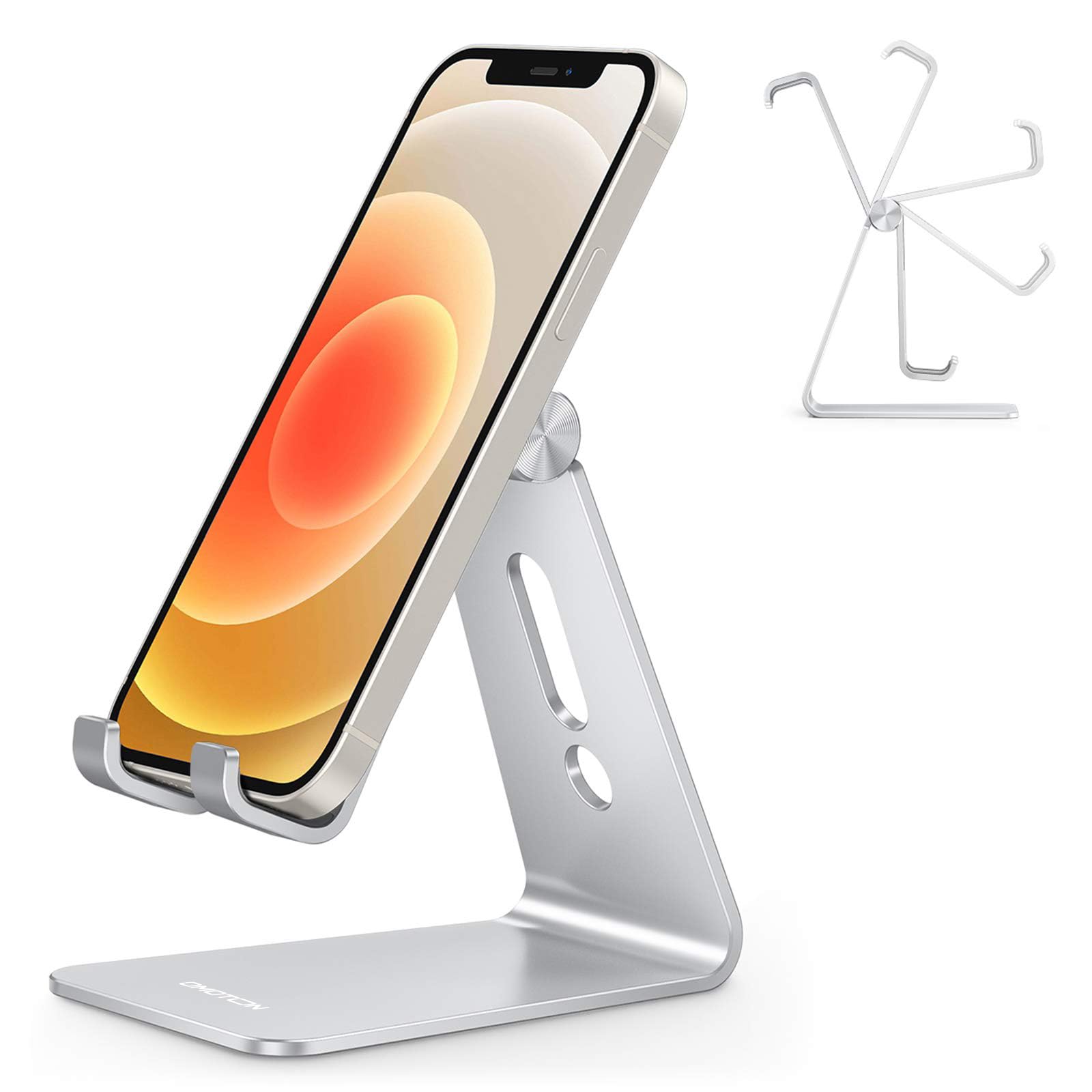 OMOTON Phone Stand Holder Adjustable, Full Aluminum Desk Mobile Phone Stand Holder Dock Cradle for Filming, Fits iPhone 14 Pro/13/12/Pro Max/11 Pro/XR/Xs Max/SE/8, and More, Silver