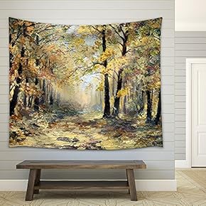 Oil Painting Landscape - Autumn Forest, Full of Fallen Leaves - Fabric Wall Tapestry Home Decor - 51x60 inches