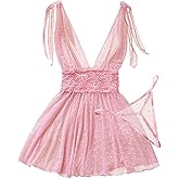 Foxiny Sexy V Neck Slip Mesh Polka Dots Floral Lace Sheer Exotic Babydoll Lingerie Dress 2 Piece