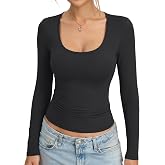 Eachyes Womens Tight Long Sleeve Shirts Scoop Neck Sexy Going Out Tops | Fall Basic Casual Outfit, Cute Low Cut Tee, Y2k Fashion, Winter Layer Clothes, Soft Stretchy, Daily Wear, Work, Vacation