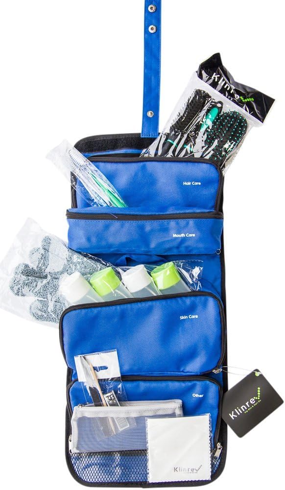 Klinrev Travel Toiletry Bag Filled with Hairbrush, 2 Toothbrushes, Exfoliating Bath Sponge, Shower cap, 4 travel size bottles, Nail care kit. Complete Personal Care Kit