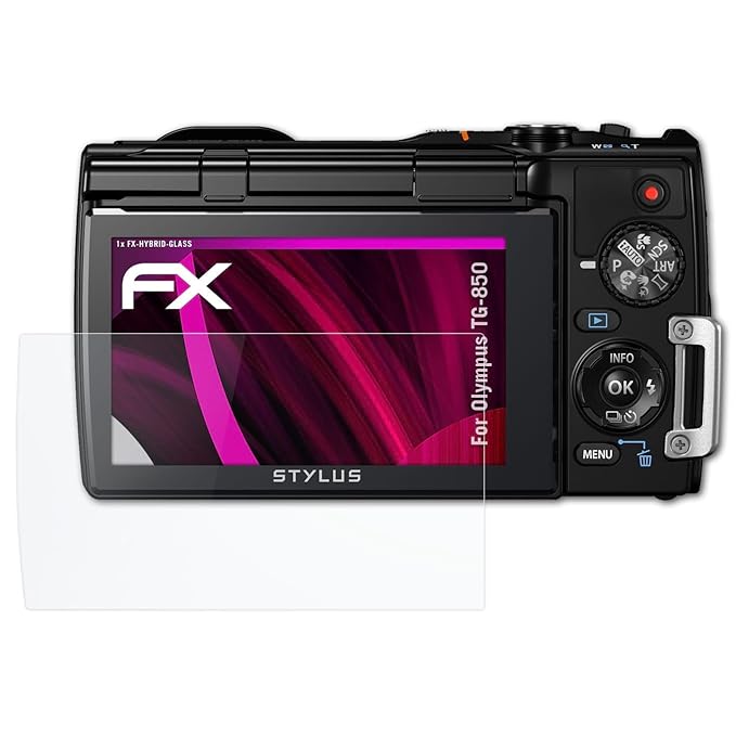 atFoliX Glasfolie kompatibel mit Olympus TG-850 Panzerfolie, 9H Hybrid-Glass FX Schutzpanzer Folie