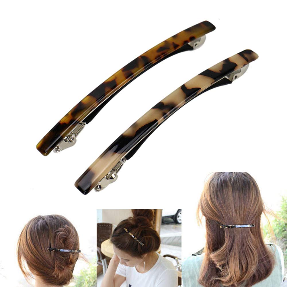2 Pack Hair Barrette, Long and Thin Handmade Celluloid Onyx Hair Clip, Elegant Automatic Hair Clip, Barrette Ponytail Holders for Women/Girls - 4 Inches