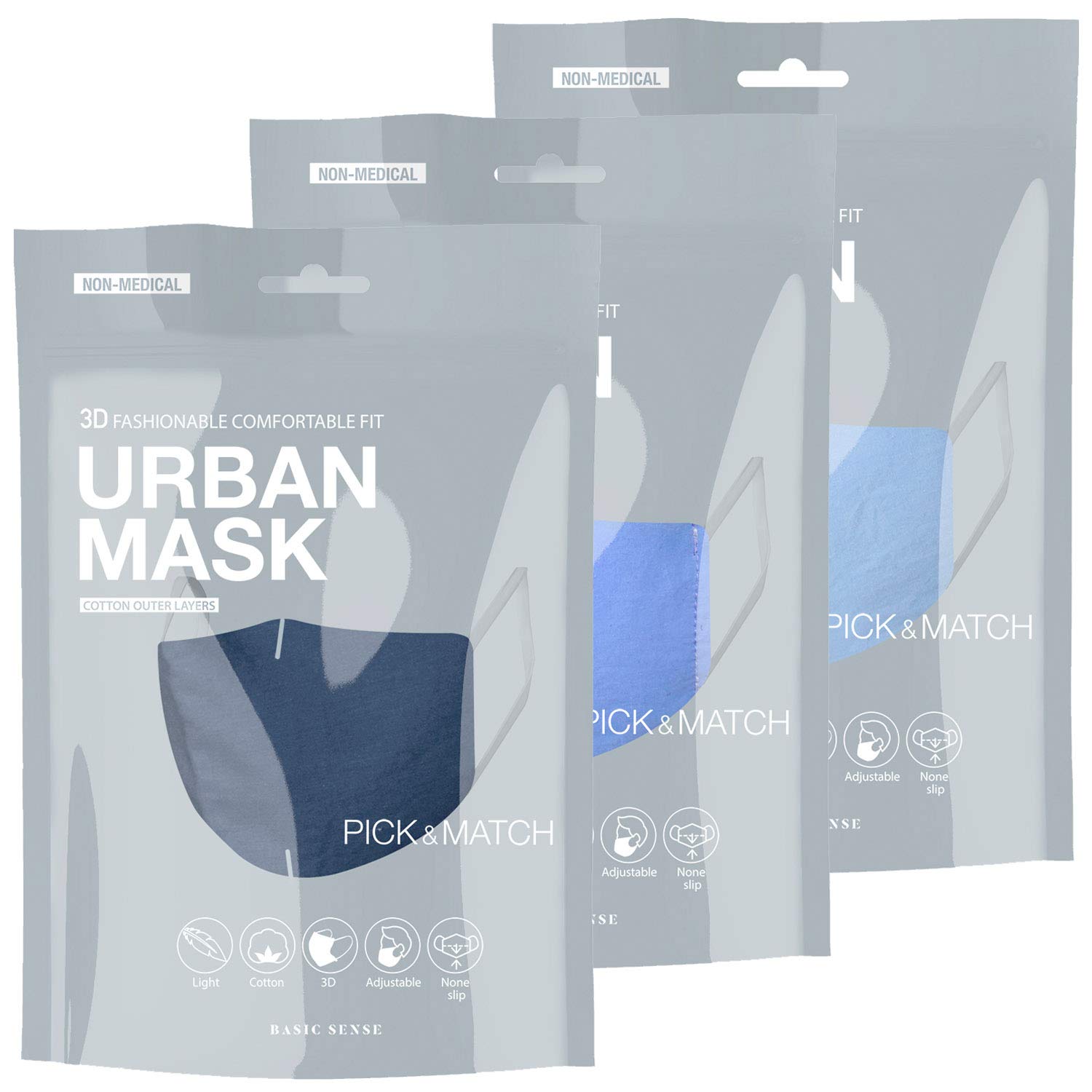 Basic Sense 3 Packs – 100% Cotton Washable Reusable Skin Friendly Plain Face Coverings Masks (Blue 3 Pack)