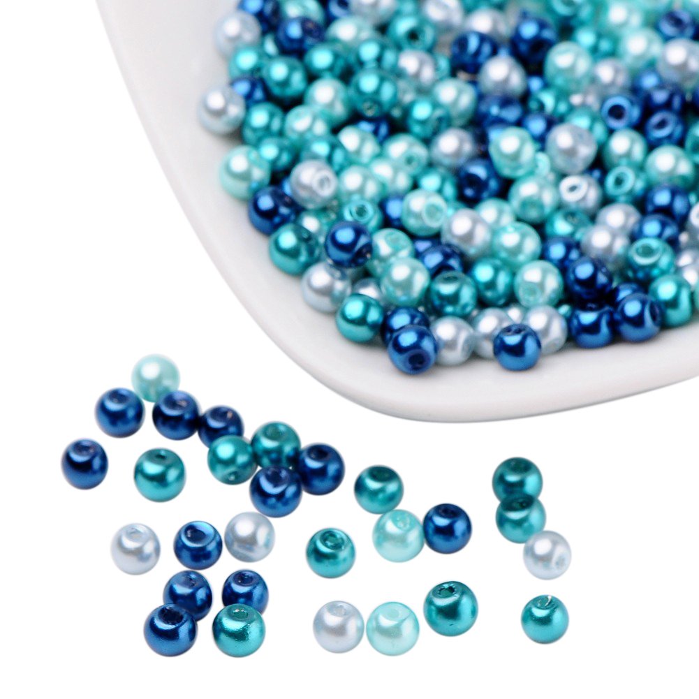 PH PandaHall 400pcs 4mm Glass Pearl Beads, Blue Sew on Pearls Round Pearlized Loose Pearl Beads Imitation Pearls for Vases Bracelet Earring Necklace Jewellery Making Wedding DIY Craft, Hole 1mm