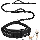 Puppalace Hands Free Dog Leash with Waist Pack Bungee for Running Black | 4 Metal Clips, Reflective Stitching, Shock Absorbing Bungee, Adjustable Waist Belt, 28 to 48 Inch Fit, Zippered Pockets