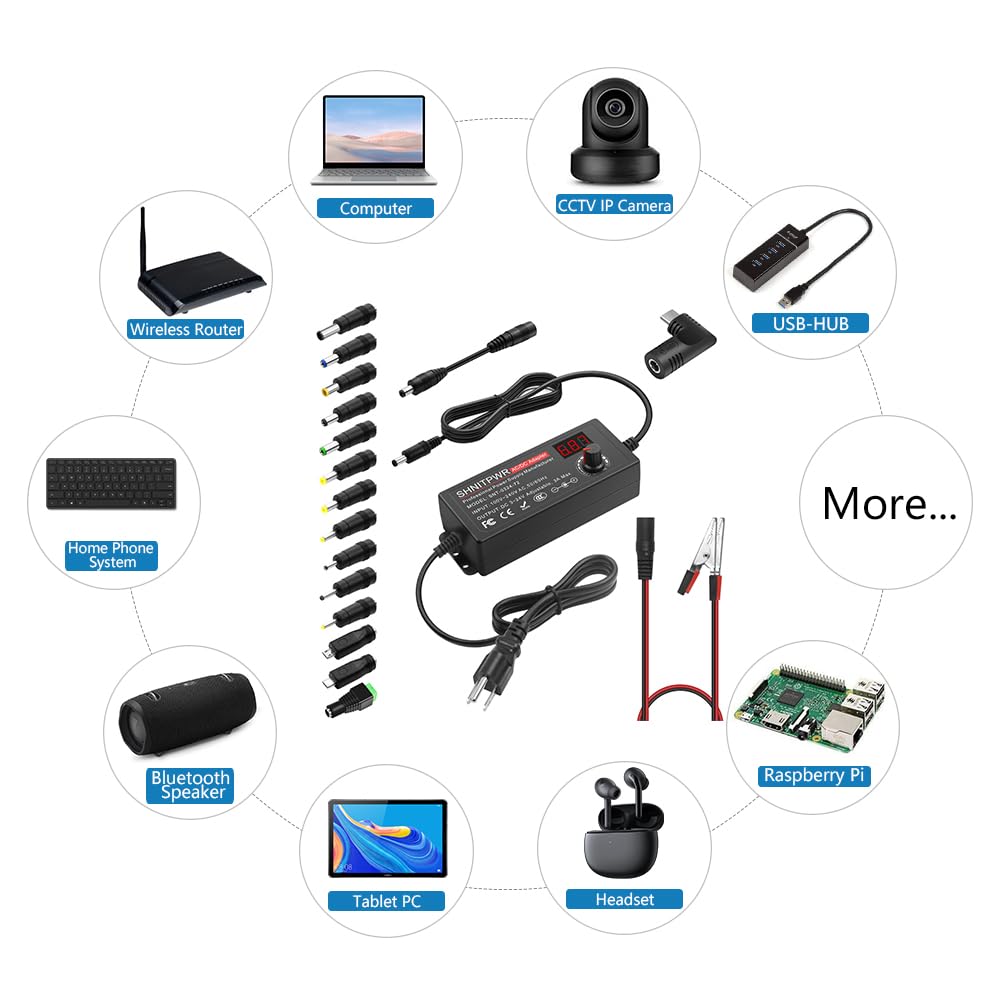 SHNITPWR 72W universal Power Supply Adjustable DC 3V ~ 24V 3A AC/DC Adapter with USB C Charger PD 65W Upgraded 100V-240V AC to DC Converter Variable Power Adapter, 14 Tips, Alligator Clips Power Cable