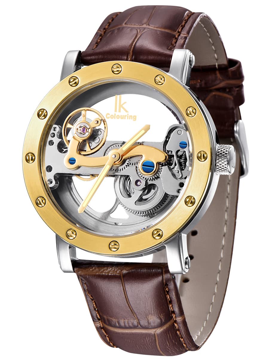 Alienwork IK Automatic Watch Men Women Silver Leather Strap Brown Skeleton Glass Bottom