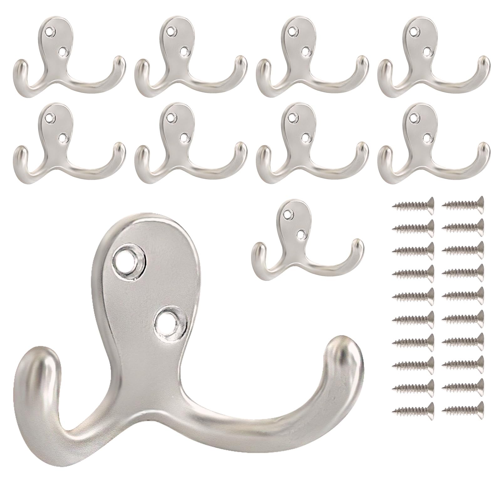 Photo 1 of CBWLWJ 10 Pack Coat Hooks Wall Hooks for Hanging, Heavy Duty Double Prong Metal Hook Wall Mounted for Living Room, Bathroom, Kitchen, Bedroom for Coat, Bag, Scarf, Towel, Hat, Key, Cup (Silver)