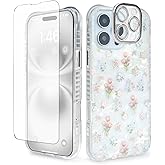 Cute Tulip Flowers Bow Shell Pattern for iPhone 13 Pro Max Case, [3 in 1] with Screen Protector & Camera Lens Protector, Clear Soft Shockproof Slim Fit Floral Phone Cover for Women (White)