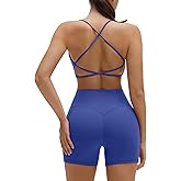 SUUKSESS Women 2 Piece Workout Sets Strappy Sports Bra High Waist Biker Shorts with Pockets