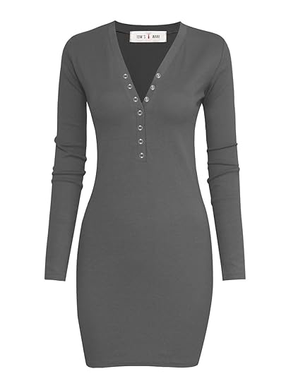 Tom's Ware Women Casual Slim Fit V Neck Snap Button Bodycon Mini Dress TWCWD070-GRAY-US L