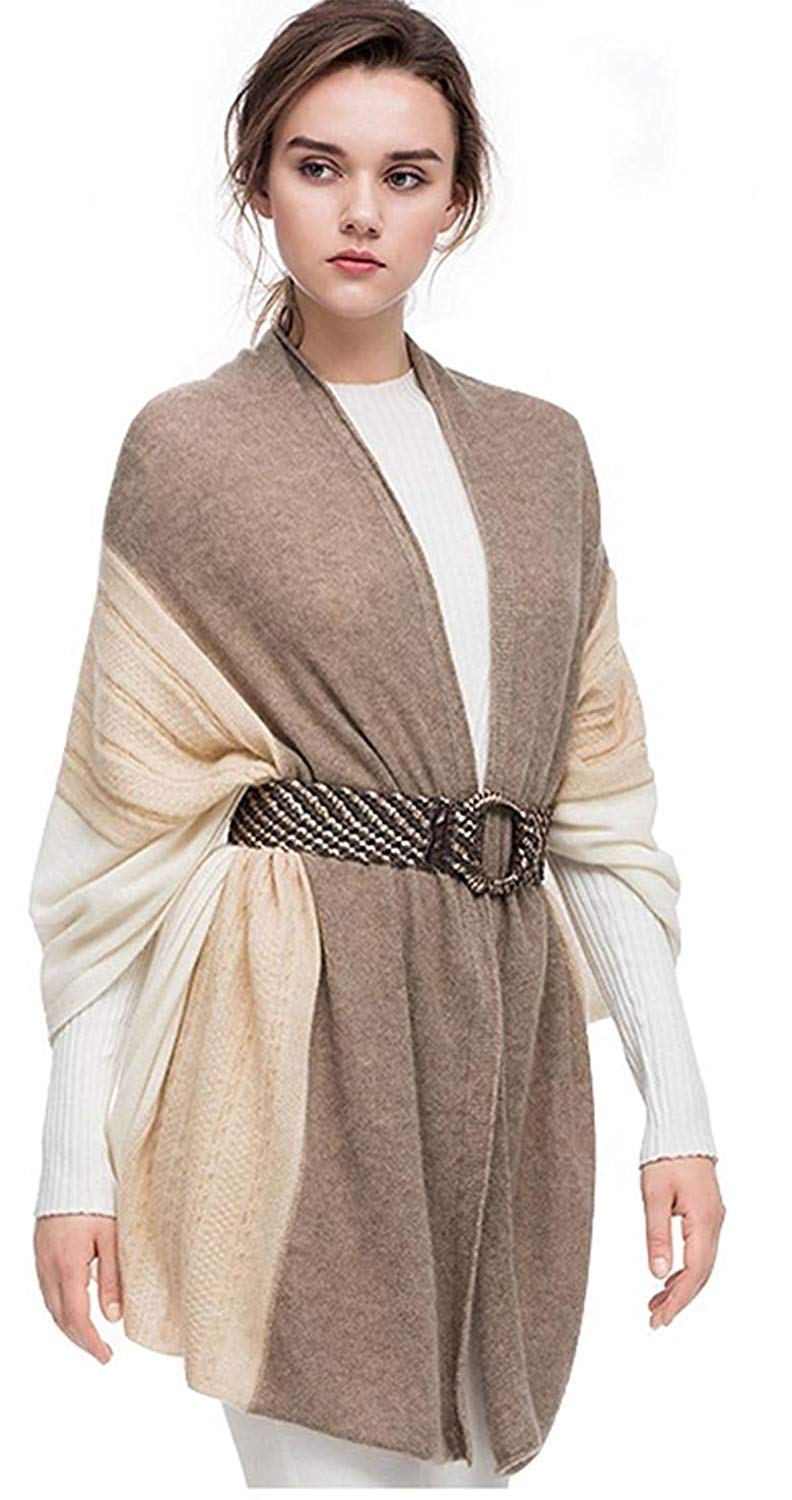 women scarves 100% Cashmere scarf Winter Wrap Pashmina Extra Large cashmere Shawl Contrast Color cable pattern Twist Knit (Beige)