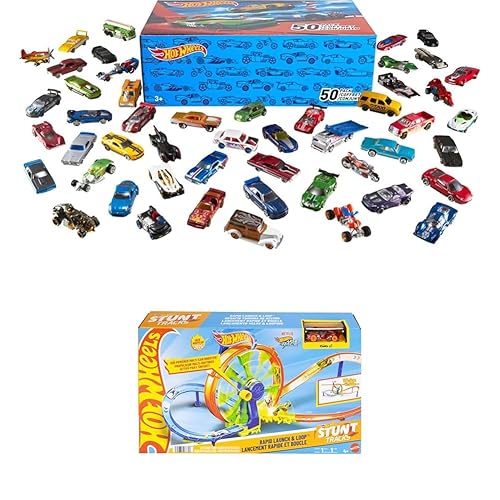 Bundle of Hot Wheels Toy Trucks & Cars, 50-Pack, 1:64 Scale (Styles May Vary) (Amazon Exclusive) + Hot Wheels Launch and Loop Playset & Die-Cast Vehicle, Crash Area with Loop-Kicker Booster