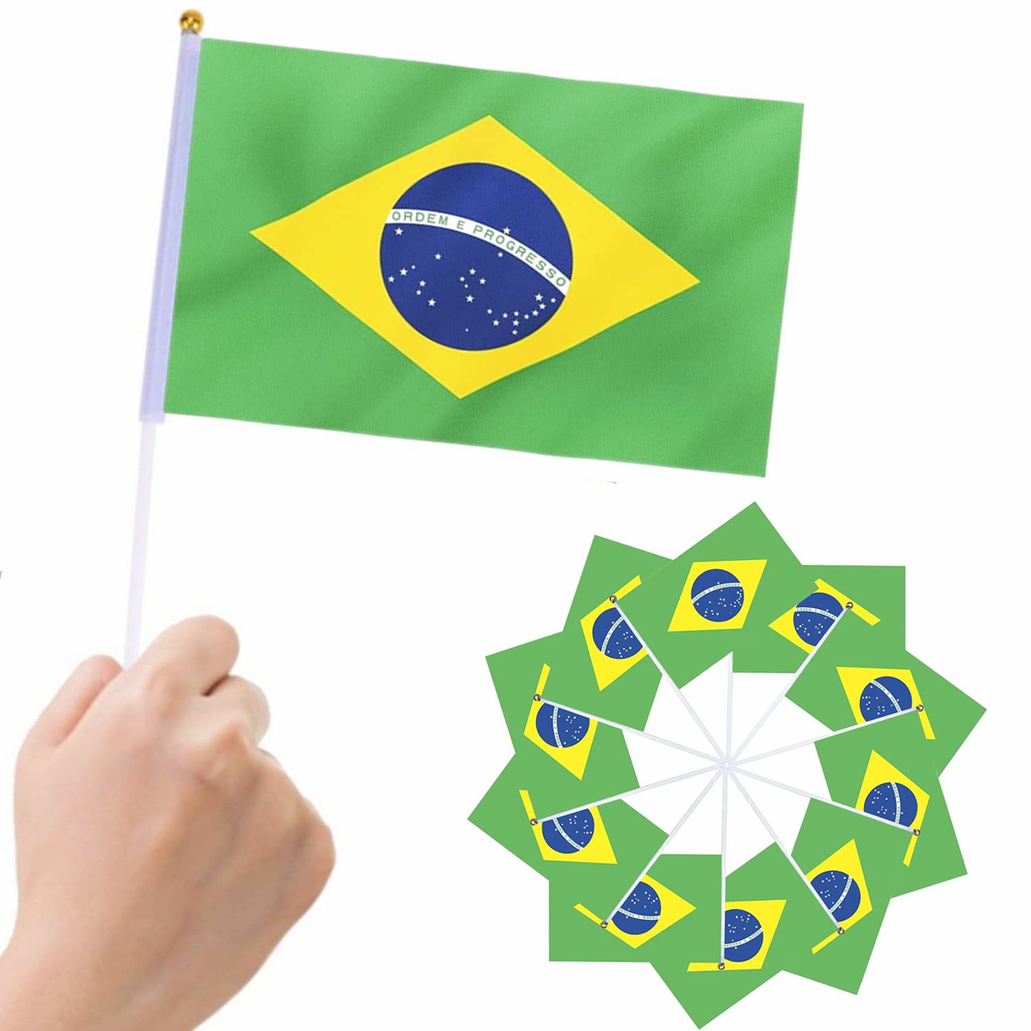 15Pcs Hand Held Brazil Flag HandHeld Mini National Pennant Flag with White Pole, Countries International World Stick Flags for World Cup Sports Events Parades Bar School Football Party Decorations