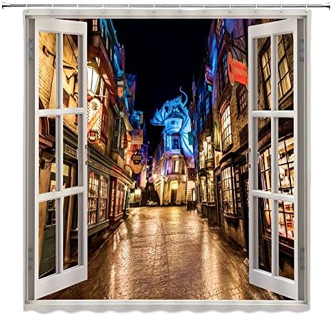 Lileihao Outside the Window Harry Potter Fantasy Street Night View Bath Shower Curtains Mildew Proof Waterproof Polyester Fabric 69 x 70 Inch Home Bathroom Supplies Accessories Multipurpose Curtain