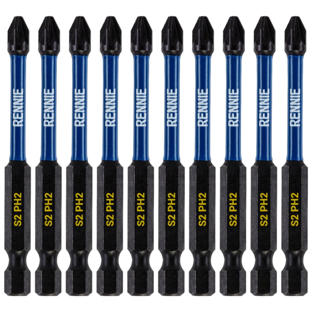 10 x Rennie Tools 75mm Long PH2 Impact Screwdriver Driver Bits Set. Magnetic Phillips No.2 Heavy Duty Impact Driver Bit Set. Long PH2 Bits. Hex Shank. Cross Head Long PH2 Bits. Black Oxide Coated