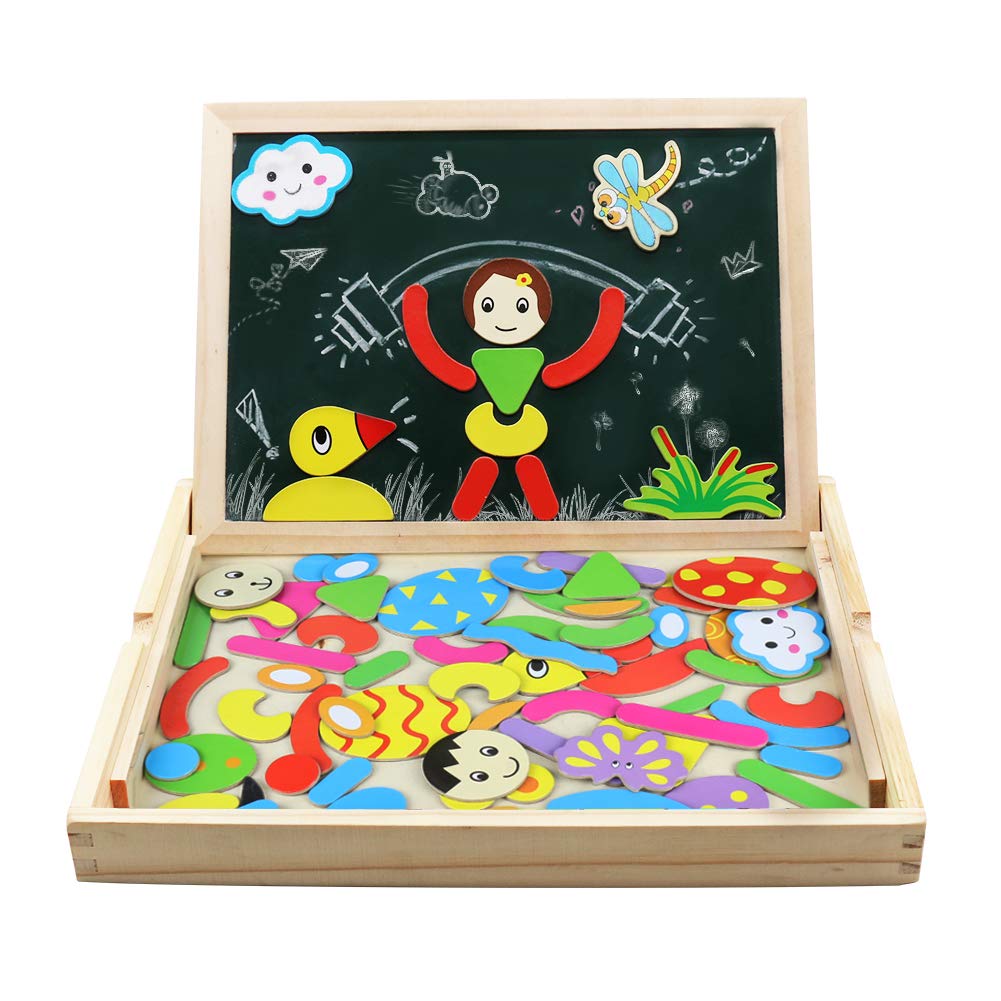 Jigsaw Puzzle Board | Wooden Double-sided Magnetic Jigsaw Puzzles | Drawing Blackboard | Wooden Toys for Kids Girls Boys 3 4 5 6 Years Old