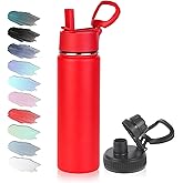 Volhoply 20oz Insulated Stainless Steel Water Bottle with Straw Lid, Kids Wide Mouth Double Wall Vacuum Cups with Handle,Reusable Outdoor Sports Metal Bottles,Travel Flask Keep Cold&Hotd(Red,1)