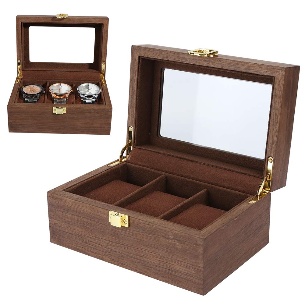 ZJchao 3 Grid Watch Display Wooden Box, Black Walnut Watch Storage Organizer with Transparent Cover, Watch Jewelry Holder with Lock
