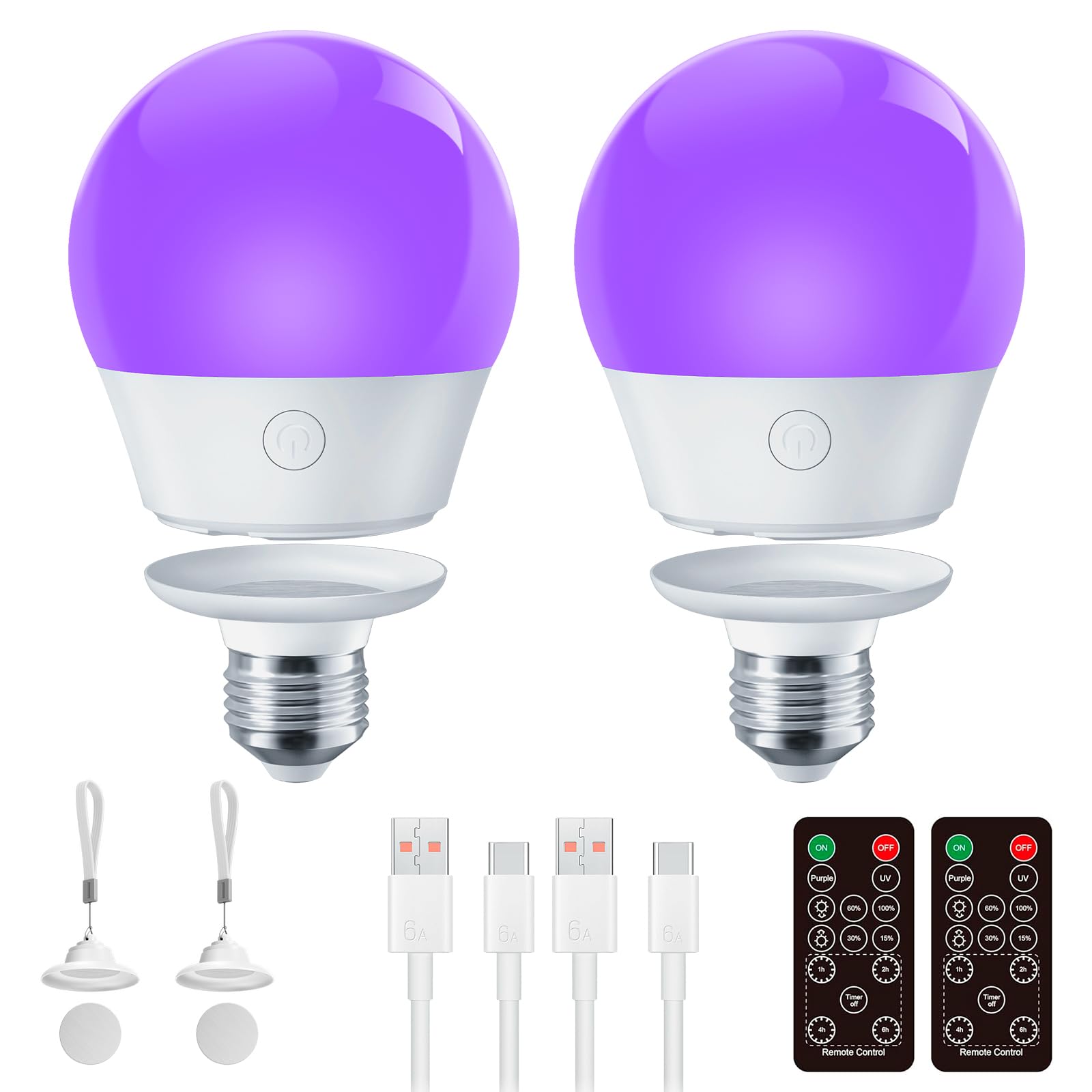 Photo 1 of Brightown E26 Rechargeable UV Light Bulbs with Remote and Timer, 120V E26 Base UVA Level 385-400nm, Glow in The Dark for Blacklight Party, Body Pain, Halloween, Purple + UV Purple Mode, 2 Pack