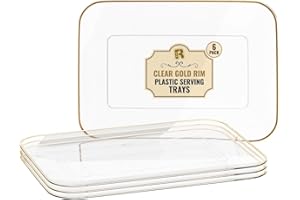 R-KAY 6 Pack Plastic Serving Trays for Party - 8 x 11 Disposable Serving Tray - Heavy Duty Gold Dessert Trays (Clear)