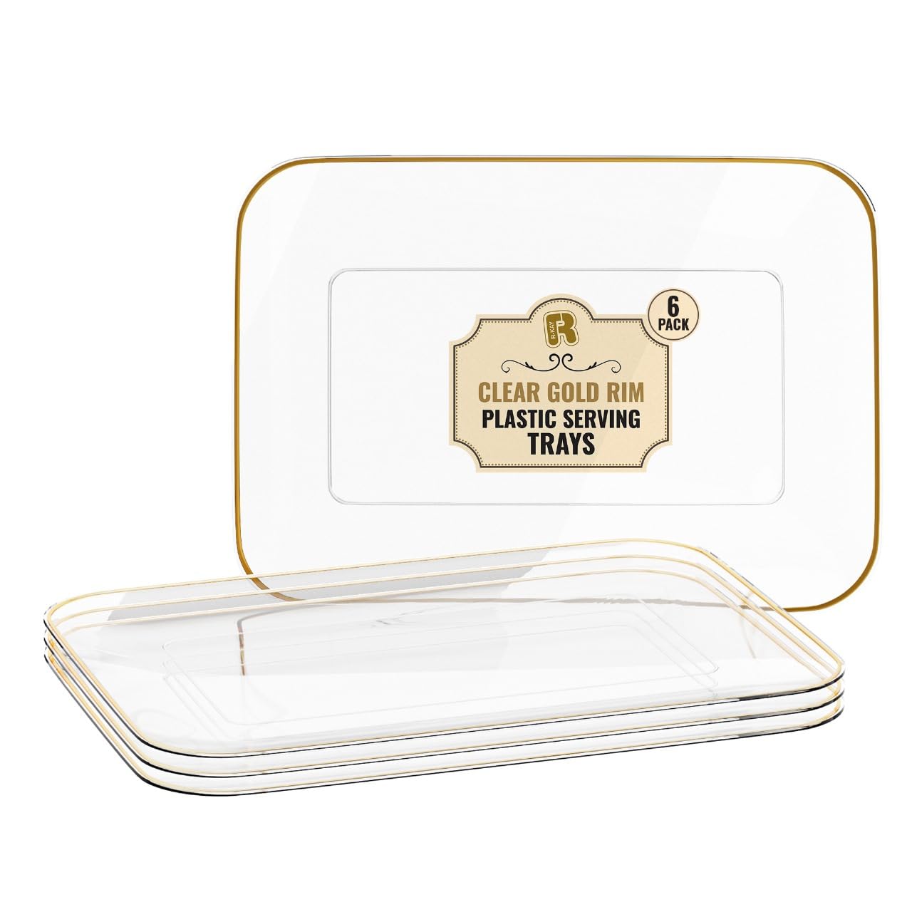 Photo 1 of 6 Pack Plastic Serving Trays for Party - 8 x 11 Disposable Serving Tray - Heavy Duty Gold Dessert Trays (Clear)