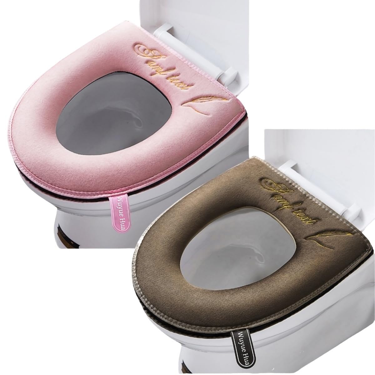 2 Pieces Bathroom Soft Toilet Seat Cover Pad with Handle Toilet Lid Cover Cushion Soft Thicker Washable Fits All Oval Toilet Seats (Pink+ brown, zipper)